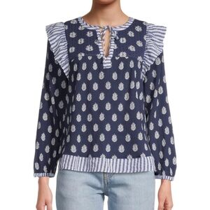 Vineyard Vines navy blue & white palm pattern long sleeve blouse